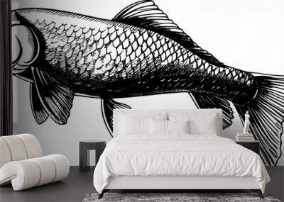 Black and white line art illustration of a fish with scales and fins. Wall mural