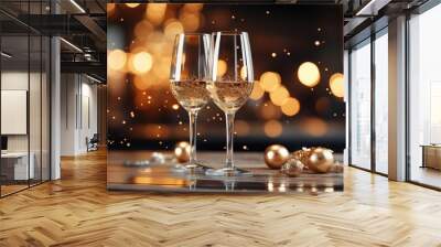 A glass of champagne on a silver background with highlights for christmas and new year. Wall mural