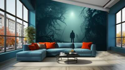 A human-like monster in the misty forest. A zombie standing in the dark forest. Horror or halloween concept. Tall, strange and scary human silhouette. The death waiting. Wall mural