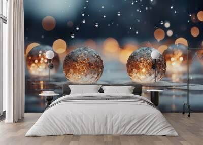 Abstract background Christmas lights in winter landscape with snow, lights bokeh blurred background Wall mural