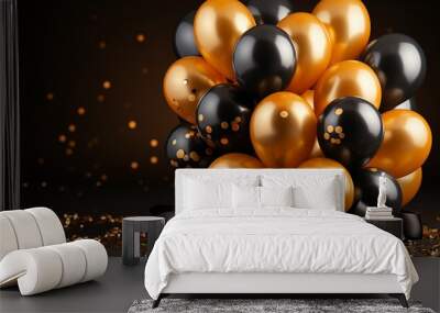 Background for a 50 years birthday, golden wedding anniversary, golden numbers on a black background. Golden and black balloons. Golden numbers. Party invitation, menu. Wall mural