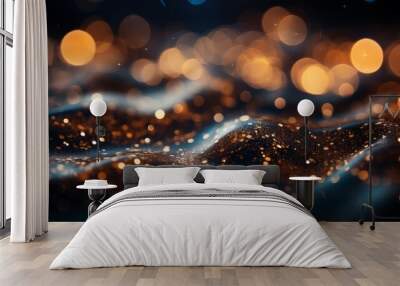 background of abstract glitter lights blue gold and black banner Wall mural