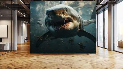 crop dangerous hunting shark with sharp teeth swimming underwater Wall mural