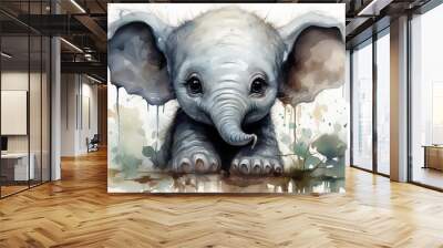 Cute Elephant Watercolor Illustration. Wall mural