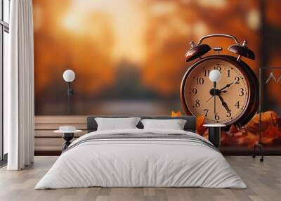 Daylight Saving Time. Alarm clock and orange color leaves on wooden table. Autumn time. Fall time change. Autumn leaves fall and winter approaches, the concept of daylight saving time. Wall mural