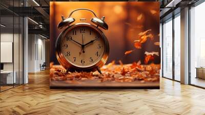 Daylight Saving Time. Alarm clock and orange color leaves on wooden table. Autumn time. Fall time change. Autumn leaves fall and winter approaches, the concept of daylight saving time. Wall mural