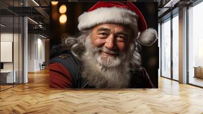 image of portrait of smiling senior man in Santa Claus hat with long white beard looking at camera against dark background Wall mural