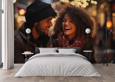 images of happy adorable diverse couple enjoying Christmas eve on a Christmas decorated city street Wall mural