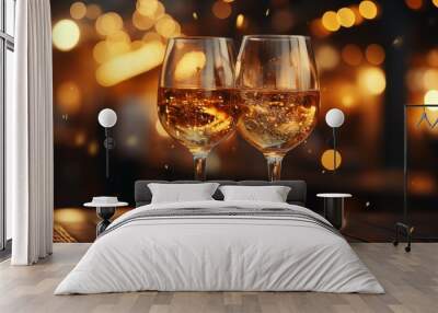 Two hands with glasses of champagne wine clink against blurred golden lights. Festive background and celebration concept Wall mural