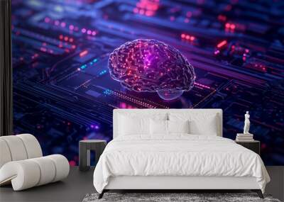 A glowing brain model on a circuit board, showcasing the intersection of technology and neuroscience Wall mural