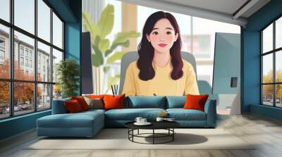 A young professional woman engages in a thoughtful interview setting with sleek monitors and vibrant plant life in a modern office Wall mural