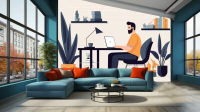 Craft a vector flat style illustration illustrating a man working or studying on a laptop at home Wall mural