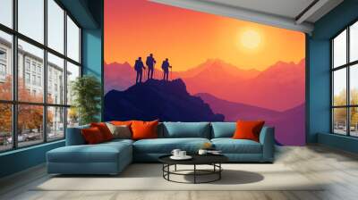 Hikers admire a vibrant sunset from a mountain peak in a serene landscape Wall mural