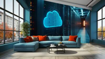 Illuminated cloud symbol in a modern data center with rows of server racks at night Wall mural