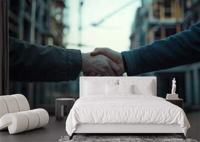 Two workers shake hands on a construction site during daylight, celebrating a successful deal Wall mural