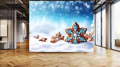 Holiday Gingerbread Decor with colorful icing and a snowy backdrop. Made with Generative AI Technology Wall mural