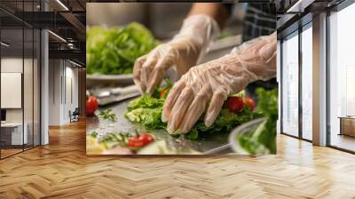 a food handler wearing gloves while preparing a fresh salad, ensuring hygiene and safety.  Wall mural