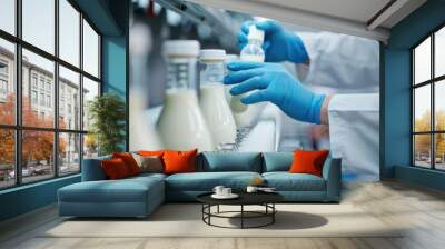 A laboratory technician testing milk samples for contaminants using advanced equipment. HD quality, food safety testing, lab analysis, contamination check, laboratory safety Wall mural