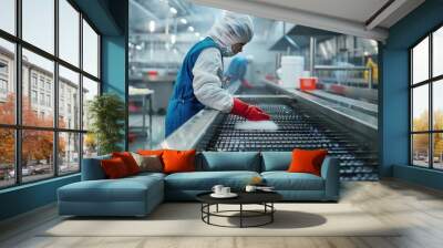 An employee sanitizing a conveyor belt in a food processing plant to maintain hygiene standards. High-definition, cleanliness, food production safety, factory hygiene, sanitation practices Wall mural