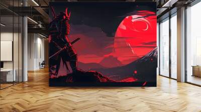 samurai with black and red theme, on the background, dark mountain and moon Wall mural