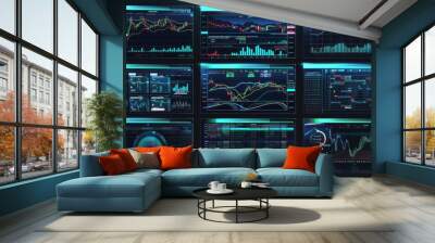 advanced algorithmic trading setup, with screens displaying real-time analytics, trading algorithms, and market entry points Wall mural