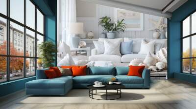 coastal-style living room with soft blue and white hues, comfortable seating, and shell and driftwood accents Wall mural