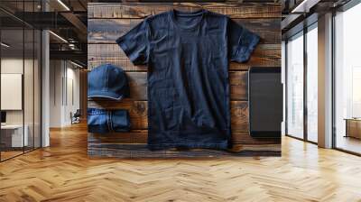 Empty mockup of black t shirt on wooden background generated.AI Wall mural