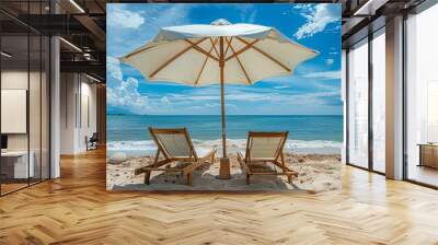 two chairs and umbrella at the sandy beach generated.ai Wall mural