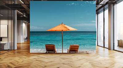 Two chairs and umbrella at the sandy beach generated.AI Wall mural