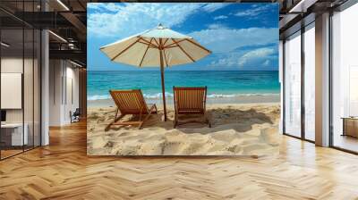 Two chairs and umbrella at the sandy beach generated.AI Wall mural