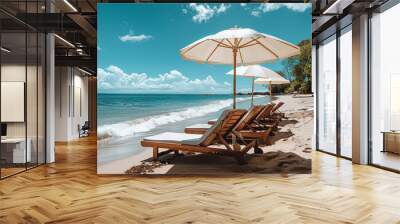 Two chairs and umbrella at the sandy beach generated.AI Wall mural