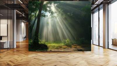 morning sun light rays piercing through the tree generated by ai Wall mural