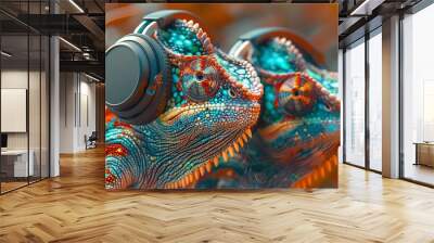 A colorful chameleon with headphones Wall mural