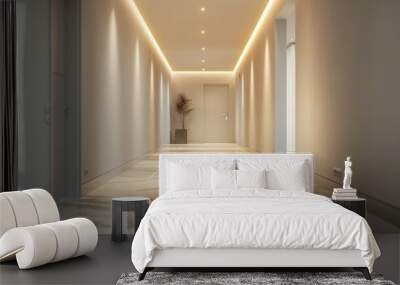 Modern hall bathed in golden light with a serene ambiance. Wall mural