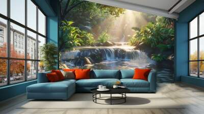 Quiet and calm landscape background with a lake and a forest against a pure natural sky Wall mural