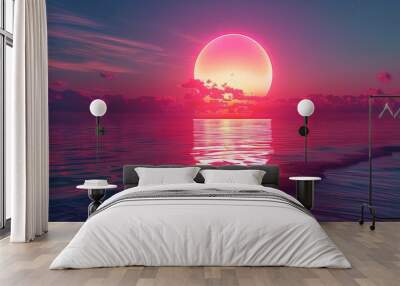 Red sunset over the sea, big sun in red sky, warm light, bright, beautiful background, illustration, 3d rendering, hd, high resolution, high detail, Wall mural