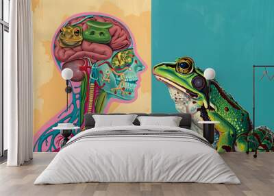 Human and frog detailed ear and mouth  organs anatomy, i, frogs can only detect high-pitched sounds with their ears; they detect low-pitched sounds through their skin,  funny cartoon characters Graffi Wall mural