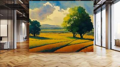 painting of a landscape with trees and a field of yellow grass Wall mural