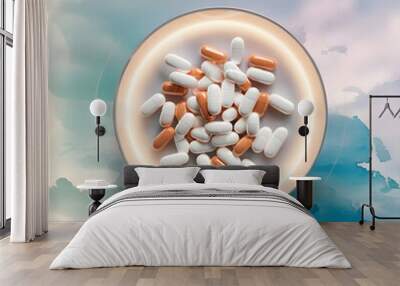 Birth control pills, woman holding birth control pills at home,  Photo, 3d render, photo, illustration,  Wall mural