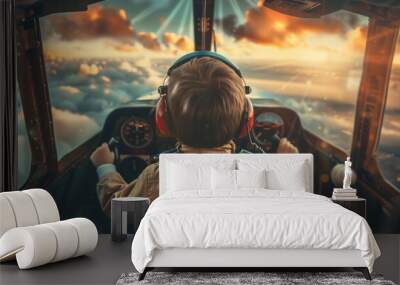 Child in airplane cockpit flying wit sky view. Labor day concept. Wall mural