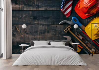 Labor day concept. American flag. Construction tools. Wall mural