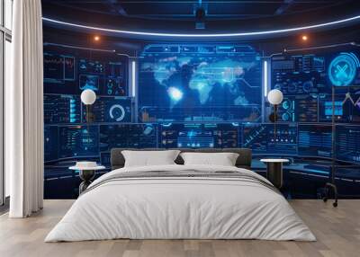 Network security dashboard with real-time threat alerts. Bright blue light. Futuristic command center background. Wall mural