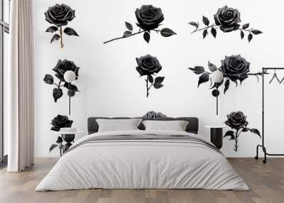 Black rose set isolated on transparent background. Black color rose flower bundle png Wall mural