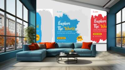 Travel and vacation square social media banner post set with brushstroke. Travel agency ads banner. Modern travel social media Wall mural