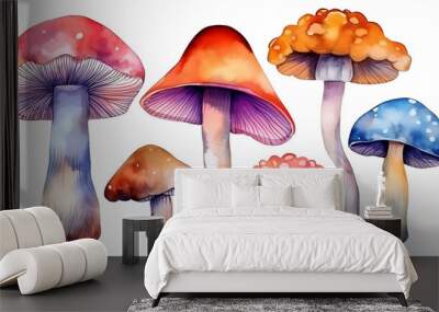 Watercolor mushrooms illustration set transparent background generative ai Wall mural