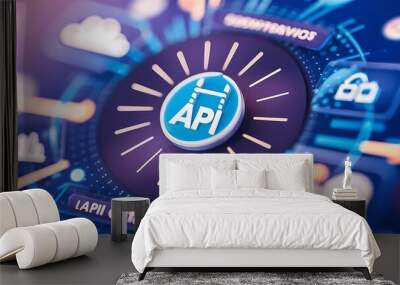 Central API gateway icon radiating security and scalability, integration platforms and monitoring tools in soft blur

 Wall mural