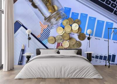 Graphs, charts, notebook, pen and coins. Business Concept Wall mural