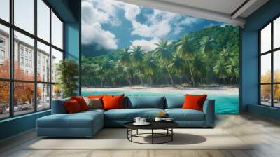 A beautiful tropical beach scene with lush palm trees and crystal-clear turquoise sea water.  Wall mural