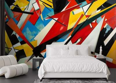 A cascade of dynamic forms and bold contrasts, bright primary colors, suggesting rapid motion and energy, Constructivist style Wall mural