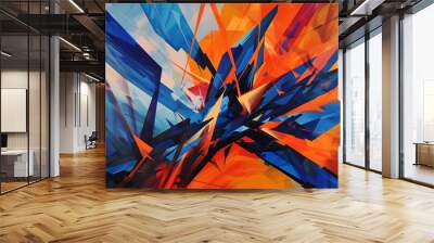 A dynamic explosion of sharp angles and vibrant hues, electric blues and oranges, capturing a sense of motion, Constructivist style Wall mural